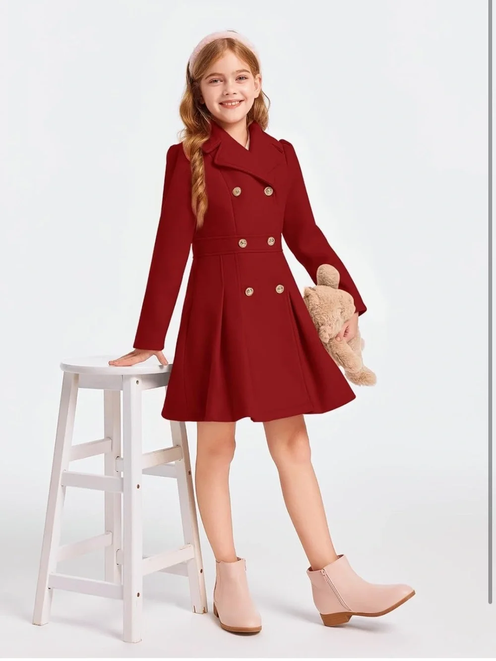 Girls Winter Dress Coat Button Peacoat Notch Lapel Double Breasted with Pockets